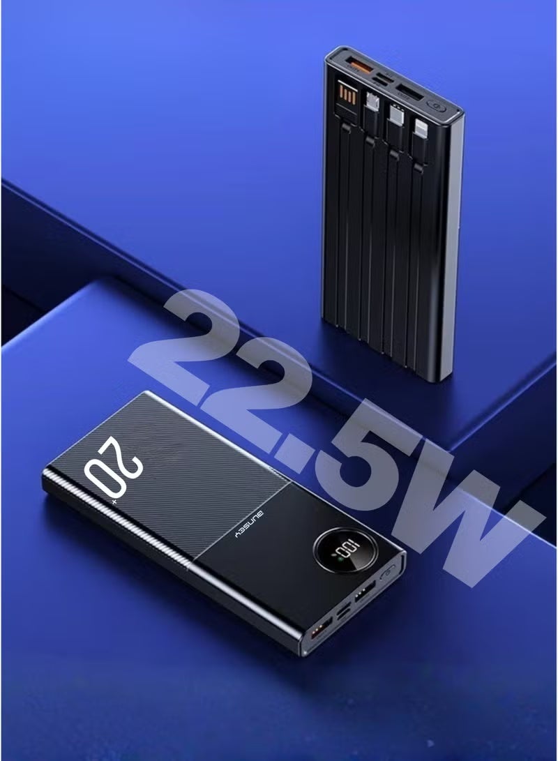 BUNSEY باور بانك 20000 مللي أمبير 22.5 واط شحن سريع مع 4 كابلات مدمجة | 2 USB + 2 PD منافذ | شاشة رقمية لعرض حالة البطارية | زر تشغيل | شحن متعدد الأجهزة – BP55 – أسود - Image 2
